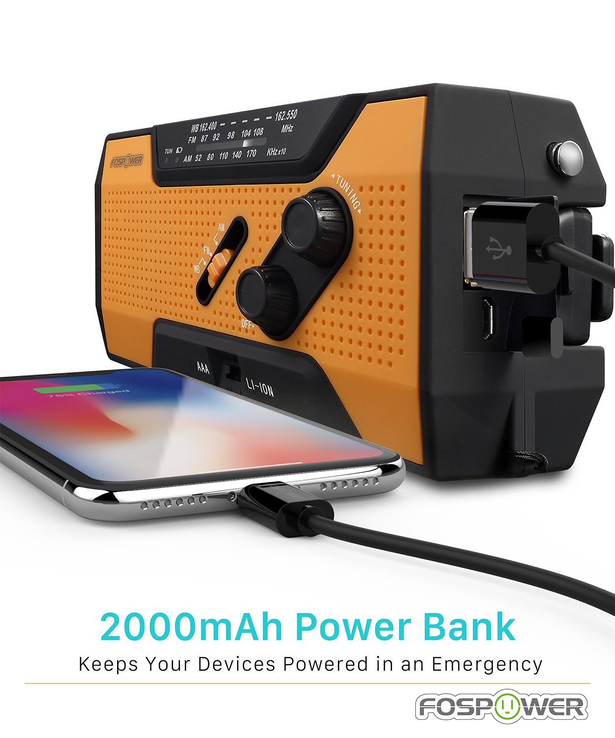 Fospower Emergency Weather Radio (Model D9) 14800Mwh Power Bank, Noaa/Am/Fm/Shortwave, Bluetooth 5.4, Usb/Solar/Hand Crank Charg